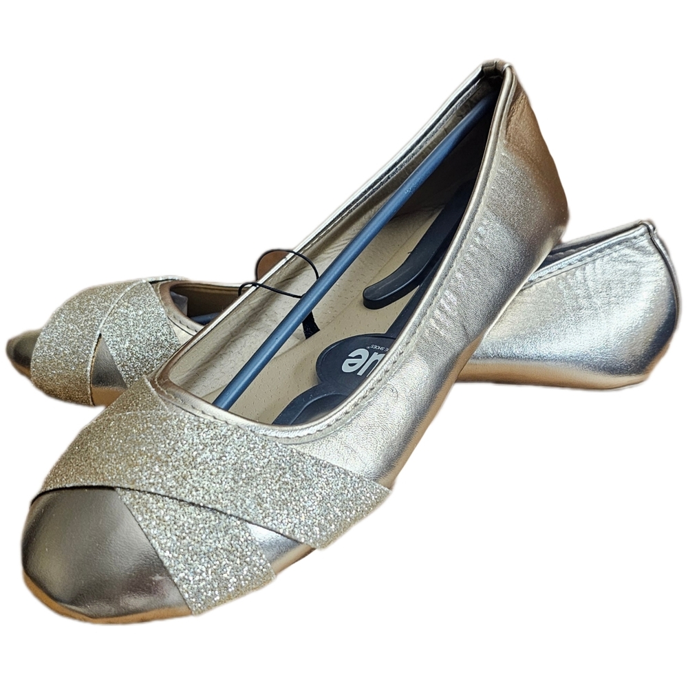 Blue Suede Shoes Gold Glitter Memory Foam Ballet Flats Womens size 9 New NWT